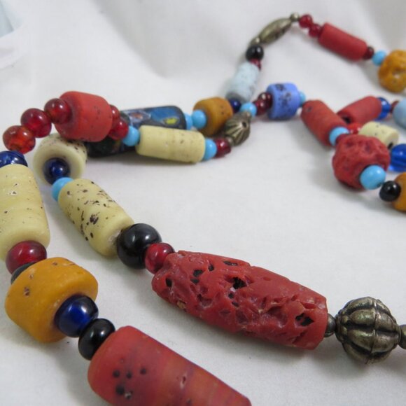 African Trade Bead Necklace with Metal, Cinnabar, Glass, and Stone beads 50 Inch - Picture 5 of 5